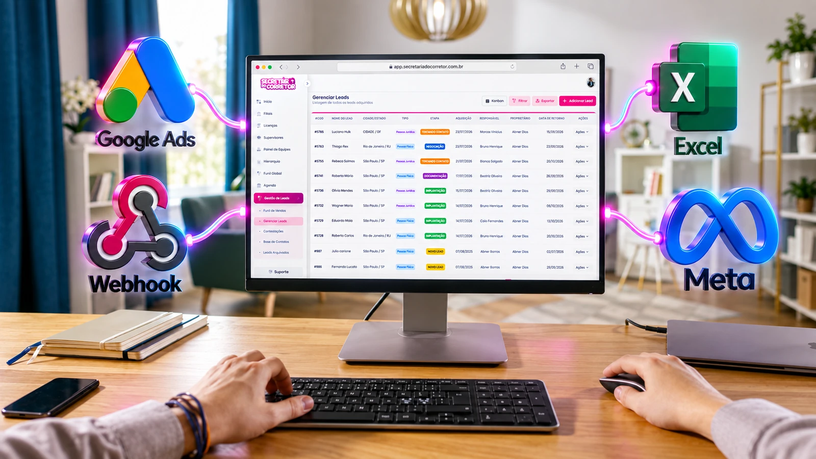 Google Ads, Meta, Excel e webhook conectados à tela de gerenciamento de leads da Secretária do Corretor.
