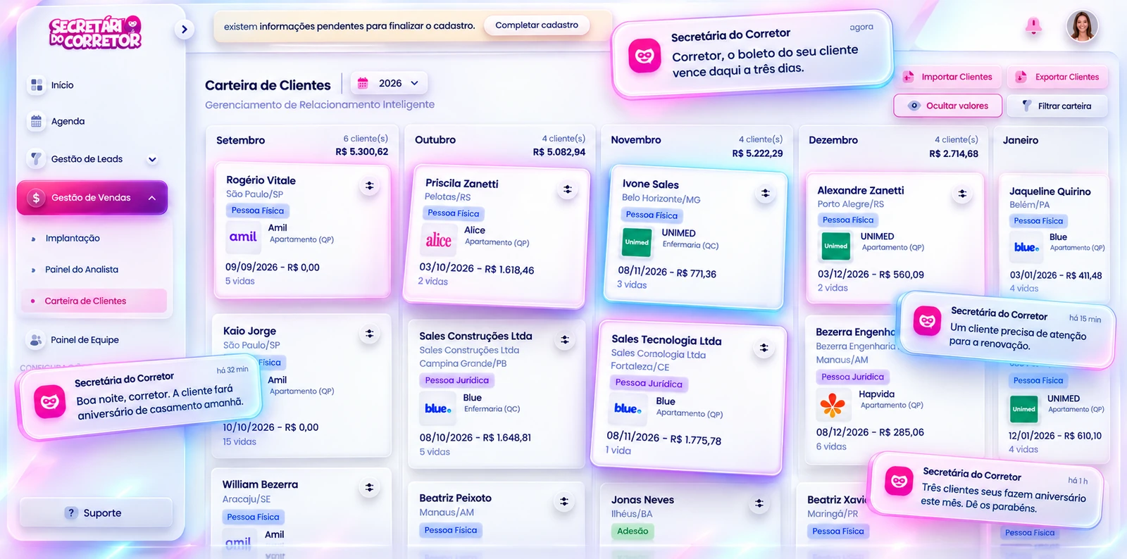 Carteira de clientes com avisos da Secretária sobre boletos, renovação, aniversários e aniversário de casamento.