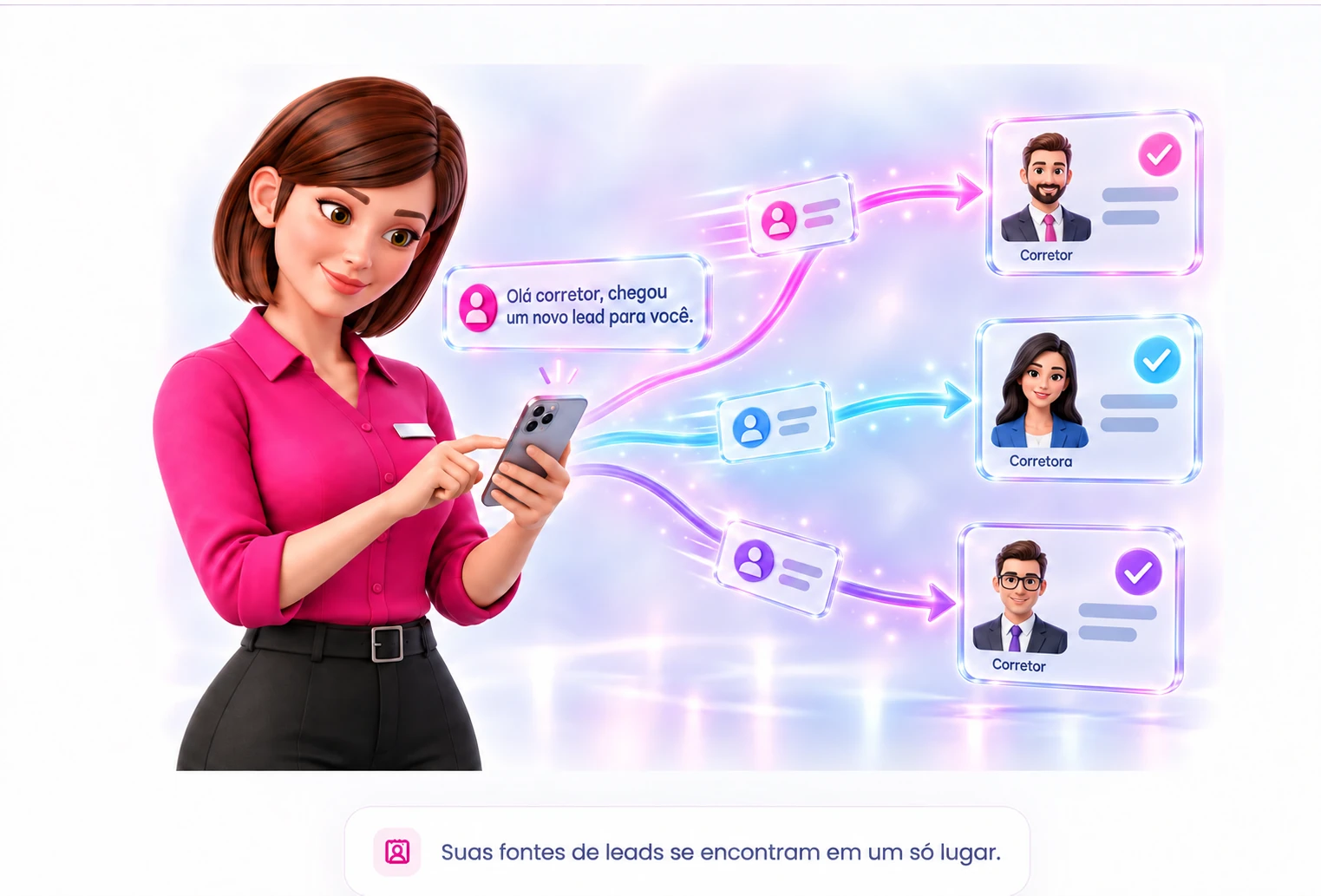 Giane usa o celular para direcionar novos leads aos corretores, representados por cartões conectados por setas.